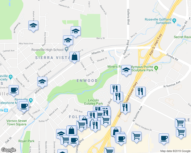map of restaurants, bars, coffee shops, grocery stores, and more near 406 East Street in Roseville