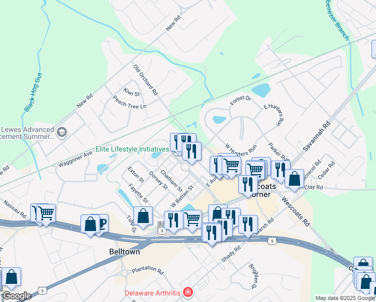 map of restaurants, bars, coffee shops, grocery stores, and more near 17400 North Village Main Boulevard in Lewes