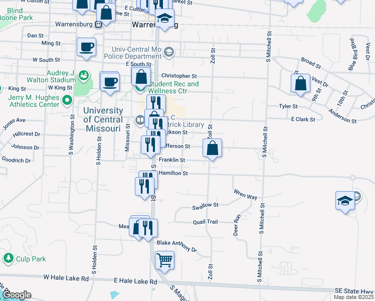 map of restaurants, bars, coffee shops, grocery stores, and more near 401 Franklin Street in Warrensburg