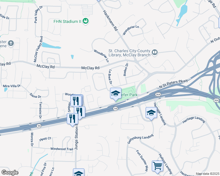 map of restaurants, bars, coffee shops, grocery stores, and more near 11 Garvey Parkway in Saint Charles