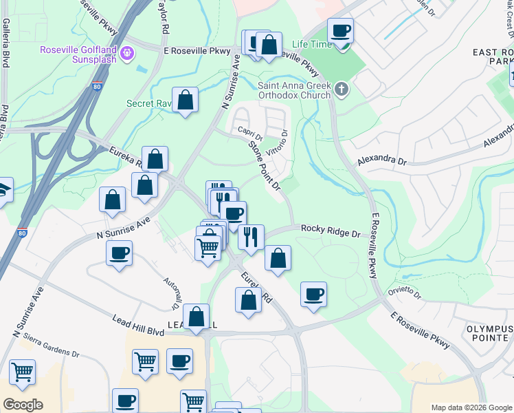 map of restaurants, bars, coffee shops, grocery stores, and more near 1478 Stone Point Drive in Roseville
