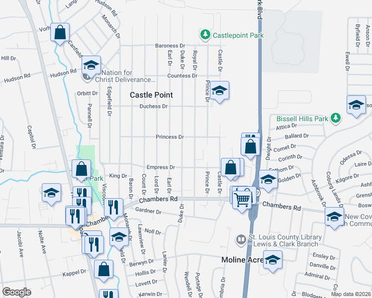 map of restaurants, bars, coffee shops, grocery stores, and more near 10119 Royal Drive in St. Louis