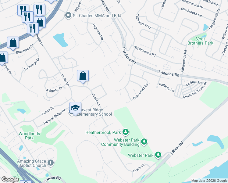 map of restaurants, bars, coffee shops, grocery stores, and more near 2062 Montclair Manor Drive in Saint Charles