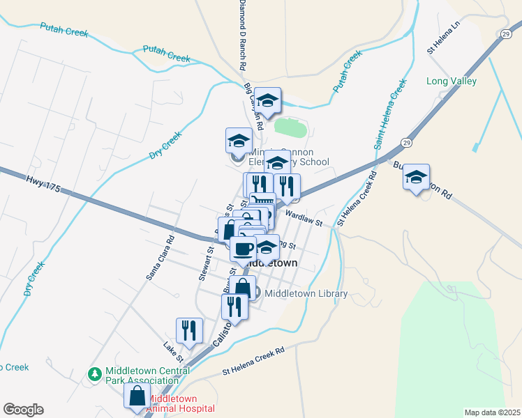 map of restaurants, bars, coffee shops, grocery stores, and more near 21058 Calistoga Road in Middletown