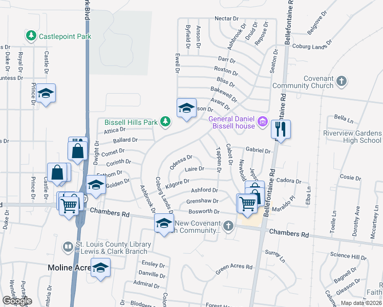 map of restaurants, bars, coffee shops, grocery stores, and more near 1210 Odessa Drive in St. Louis