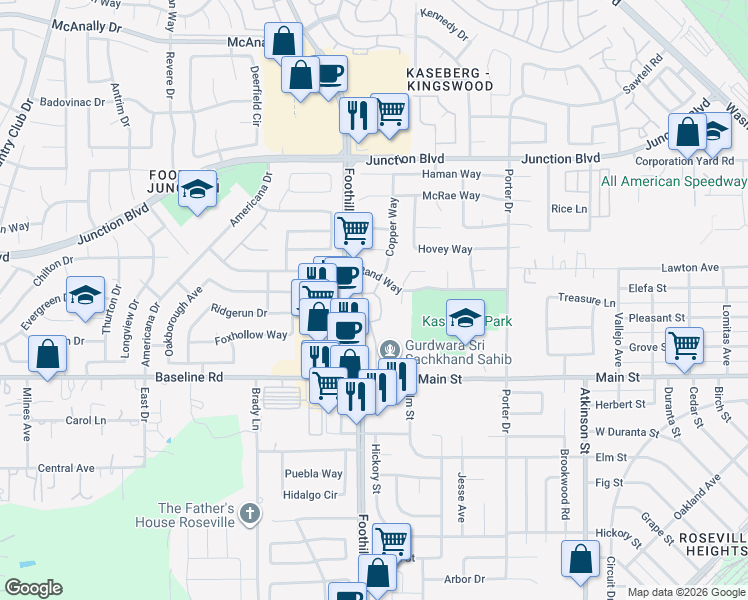 map of restaurants, bars, coffee shops, grocery stores, and more near 4065 Impala Circle in Roseville