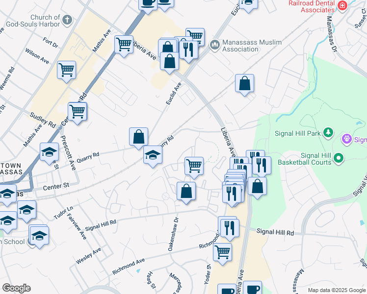 map of restaurants, bars, coffee shops, grocery stores, and more near 9554 Cannoneer Court in Manassas