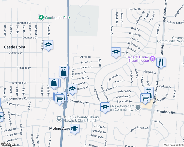 map of restaurants, bars, coffee shops, grocery stores, and more near 10092 Ashbrook Drive in St. Louis