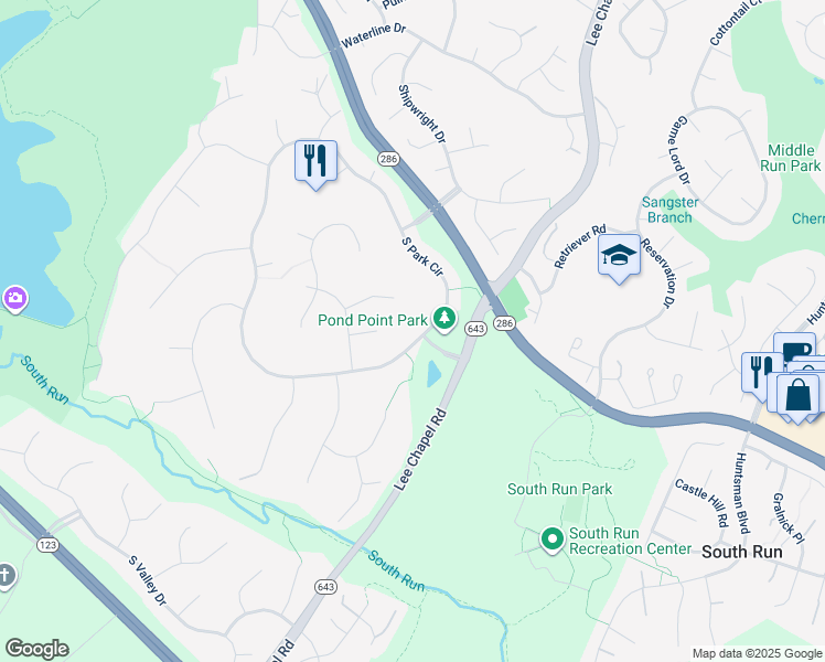 map of restaurants, bars, coffee shops, grocery stores, and more near 9911 South Park Circle in Fairfax Station