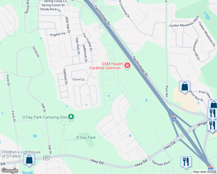 map of restaurants, bars, coffee shops, grocery stores, and more near Colt Circle in O'Fallon