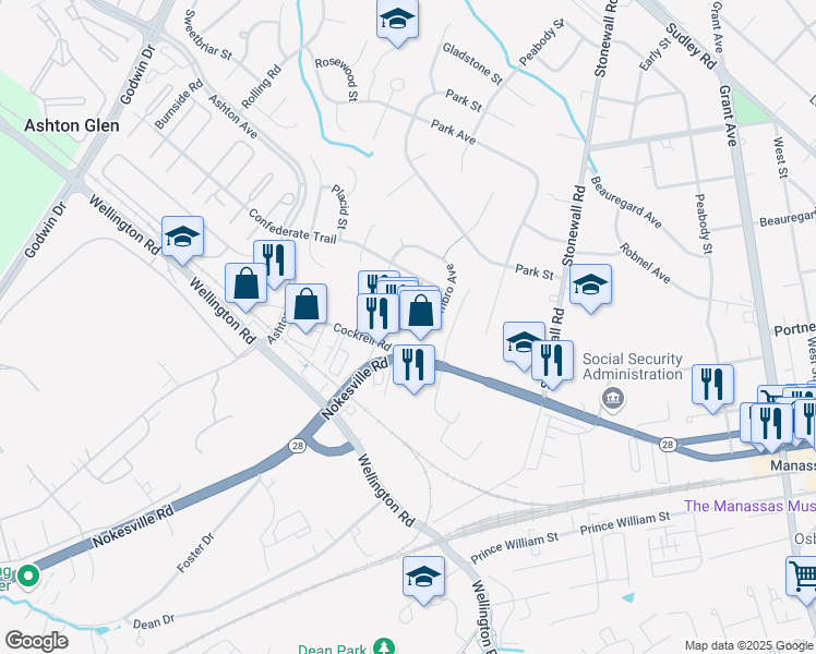map of restaurants, bars, coffee shops, grocery stores, and more near 9747 Zimbro Avenue in Manassas