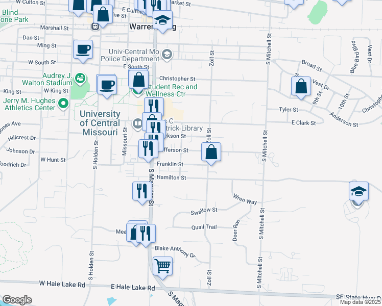 map of restaurants, bars, coffee shops, grocery stores, and more near 408 Jefferson Street in Warrensburg