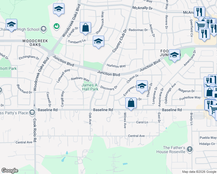 map of restaurants, bars, coffee shops, grocery stores, and more near 2228 Silver Creek Lane in Roseville