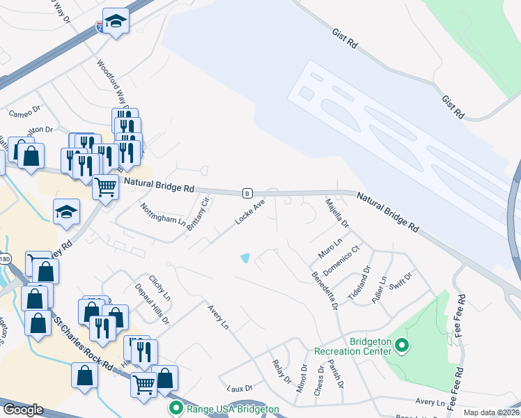 map of restaurants, bars, coffee shops, grocery stores, and more near 2 Silver Oaks Court in Bridgeton