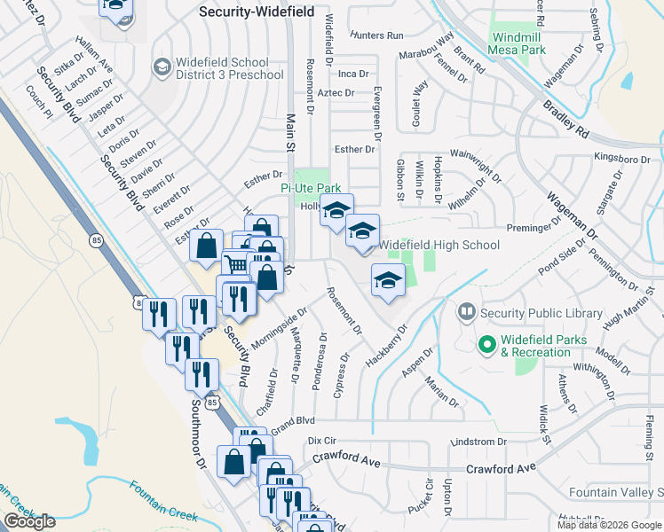 map of restaurants, bars, coffee shops, grocery stores, and more near 336 Morningside Drive in Colorado Springs