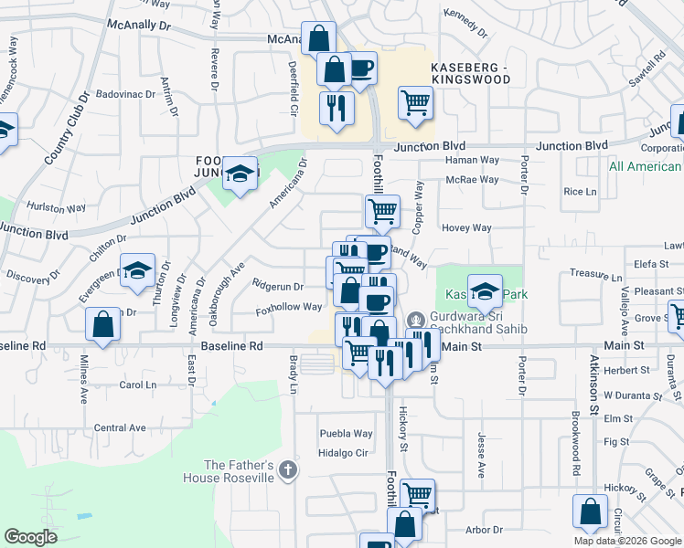 map of restaurants, bars, coffee shops, grocery stores, and more near 4010 Foothills Boulevard in Roseville