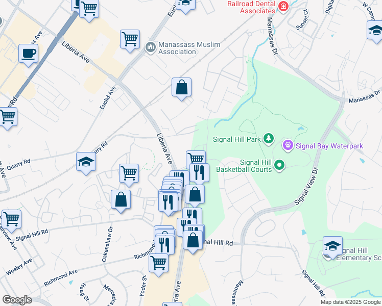 map of restaurants, bars, coffee shops, grocery stores, and more near 8264 Knight Station Way in Manassas