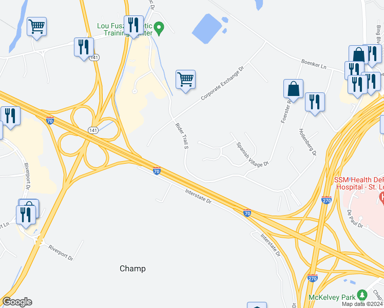 map of restaurants, bars, coffee shops, grocery stores, and more near 3125 Rider Trail South in Earth City