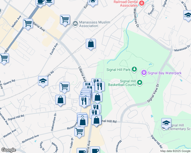map of restaurants, bars, coffee shops, grocery stores, and more near 8264 Knight Station Way in Manassas