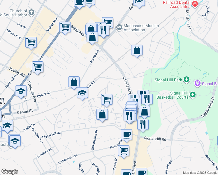 map of restaurants, bars, coffee shops, grocery stores, and more near 9555 Battery Heights Boulevard in Manassas
