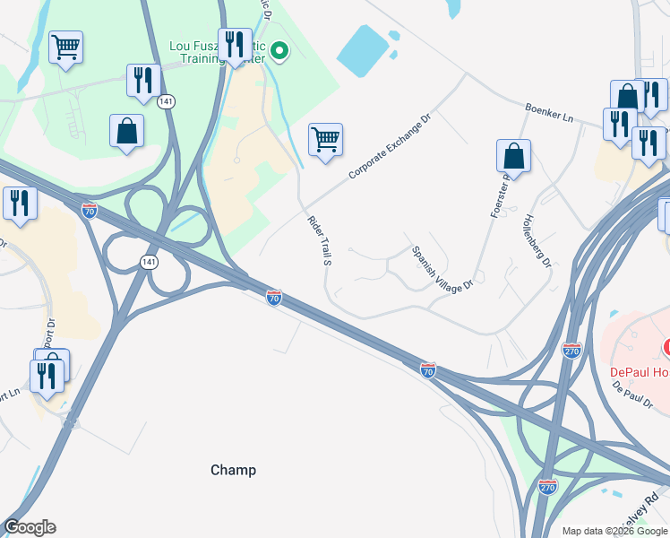 map of restaurants, bars, coffee shops, grocery stores, and more near 3125 Rider Trail South in Earth City