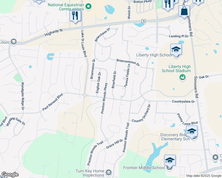 map of restaurants, bars, coffee shops, grocery stores, and more near 1939 Briarfield Drive in Lake Saint Louis