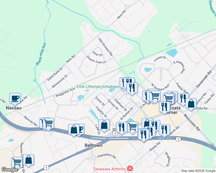map of restaurants, bars, coffee shops, grocery stores, and more near 33120 North Village Loop in Lewes