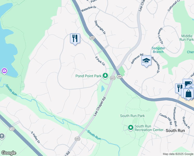 map of restaurants, bars, coffee shops, grocery stores, and more near 9911 South Park Circle in Fairfax Station