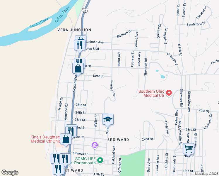 map of restaurants, bars, coffee shops, grocery stores, and more near 2608 Sunrise Avenue in Portsmouth