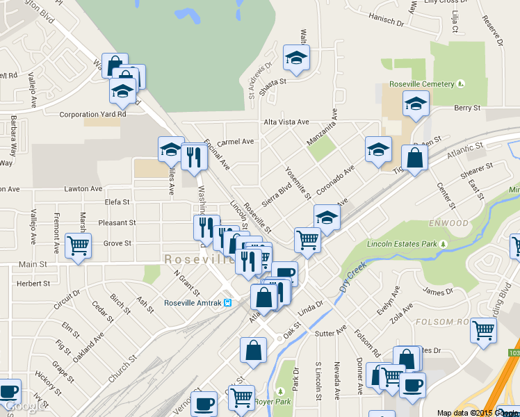 map of restaurants, bars, coffee shops, grocery stores, and more near 118 Sierra Boulevard in Roseville