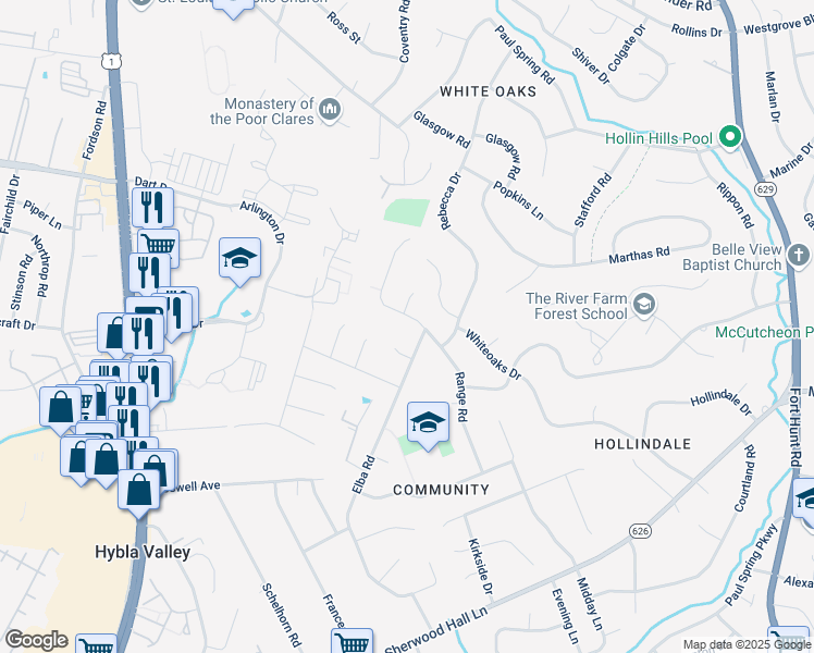 map of restaurants, bars, coffee shops, grocery stores, and more near 7418 Range Road in Alexandria