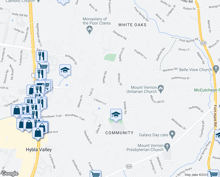 map of restaurants, bars, coffee shops, grocery stores, and more near 7418 Range Road in Alexandria