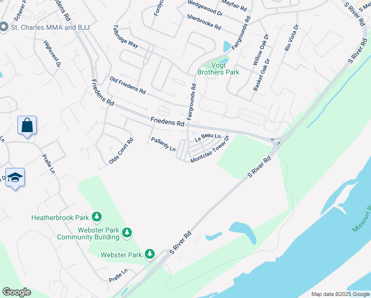 map of restaurants, bars, coffee shops, grocery stores, and more near 395 Moreau Terrace in Saint Charles