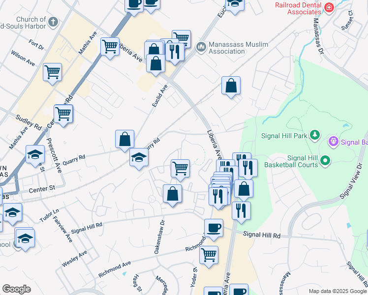 map of restaurants, bars, coffee shops, grocery stores, and more near 9555 Battery Heights Boulevard in Manassas