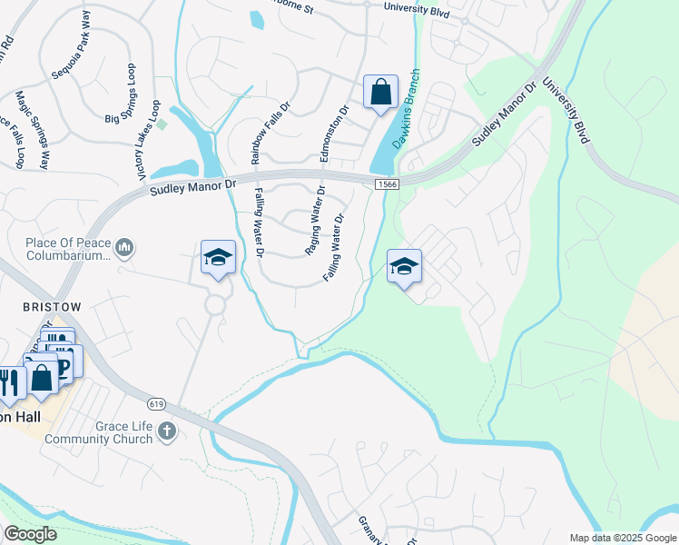 map of restaurants, bars, coffee shops, grocery stores, and more near 9322 Falling Water Drive in Bristow