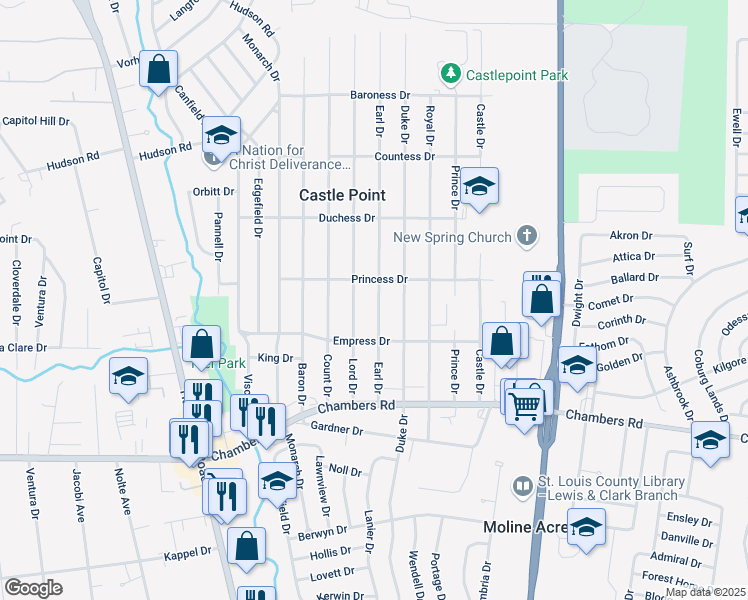 map of restaurants, bars, coffee shops, grocery stores, and more near 10137 Earl Drive in St. Louis