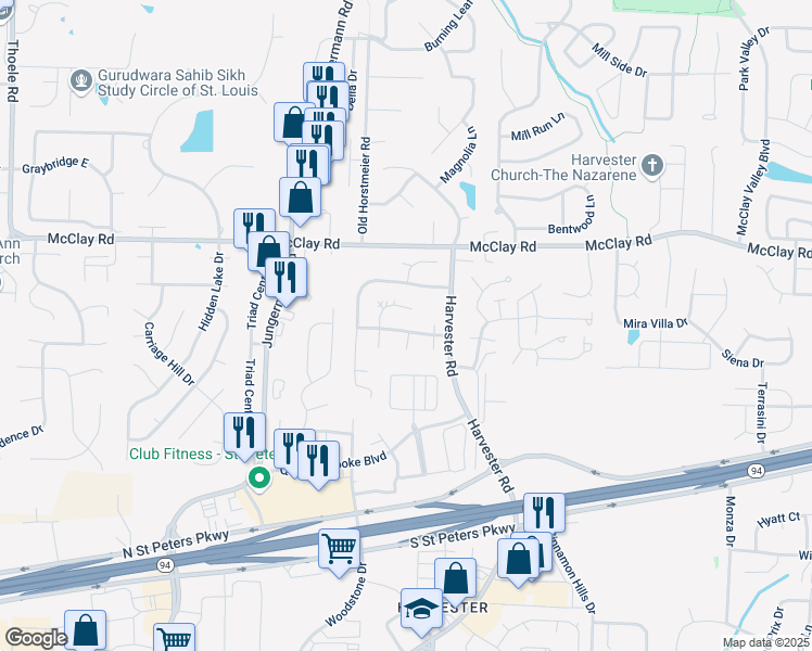 map of restaurants, bars, coffee shops, grocery stores, and more near 3812 Harvest Point Drive in St. Peters