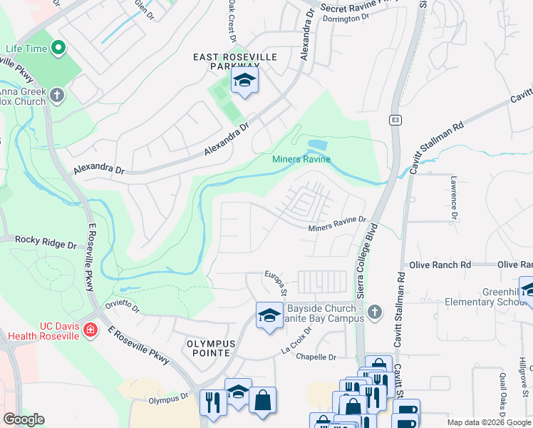 map of restaurants, bars, coffee shops, grocery stores, and more near in Roseville