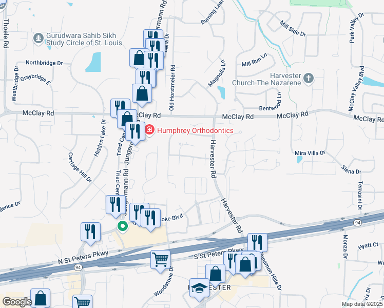 map of restaurants, bars, coffee shops, grocery stores, and more near 3812 Harvest Point Drive in St. Peters