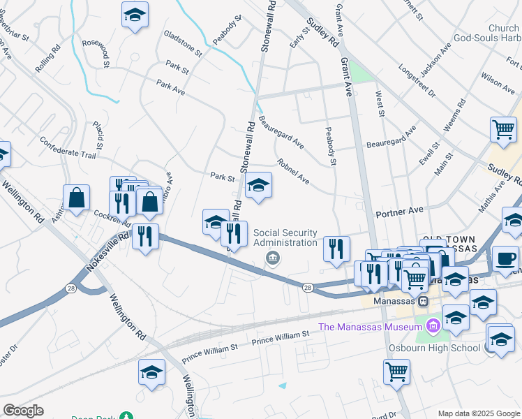 map of restaurants, bars, coffee shops, grocery stores, and more near 9305 Stonewall Road in Manassas