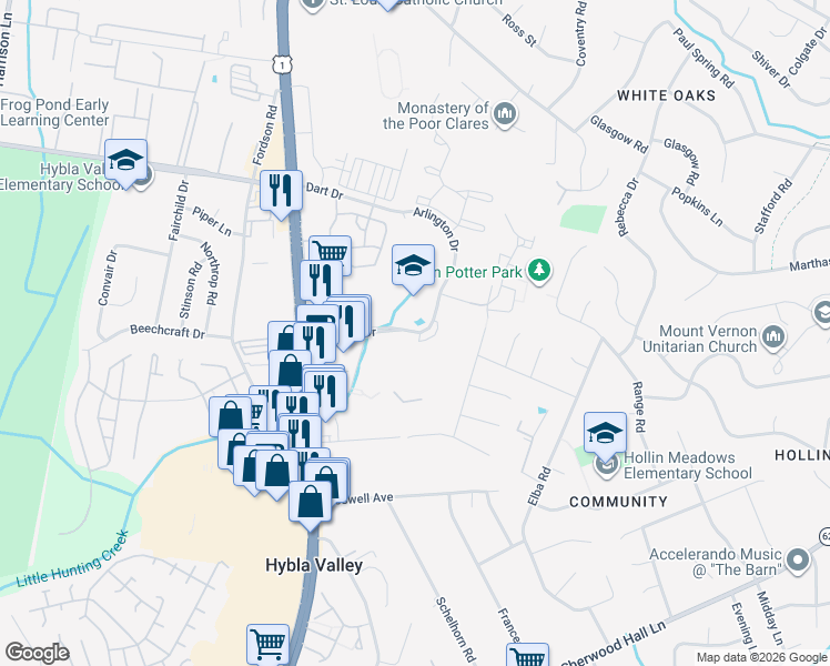 map of restaurants, bars, coffee shops, grocery stores, and more near 2763 Arlington Drive in Alexandria