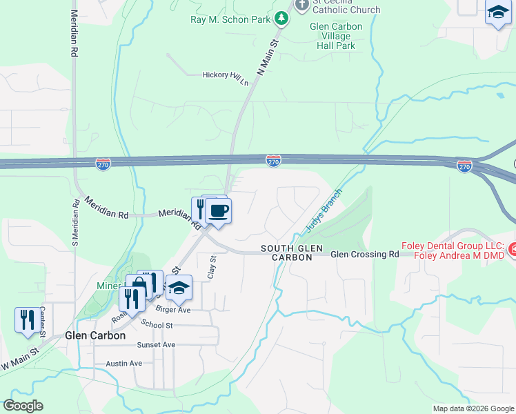 map of restaurants, bars, coffee shops, grocery stores, and more near 16 Englewood Drive in Glen Carbon