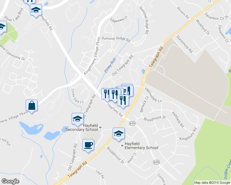 map of restaurants, bars, coffee shops, grocery stores, and more near 7511 Blanford Court in Alexandria