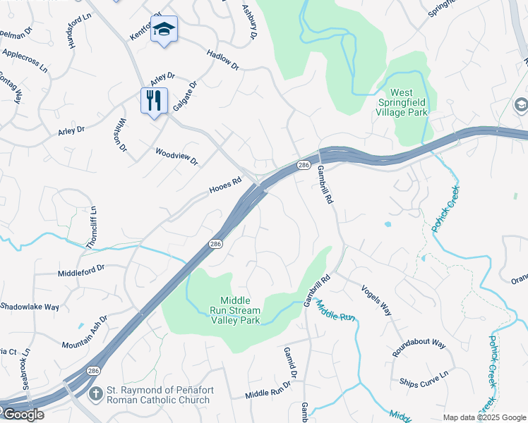 map of restaurants, bars, coffee shops, grocery stores, and more near 7359 Silver Pine Drive in Springfield