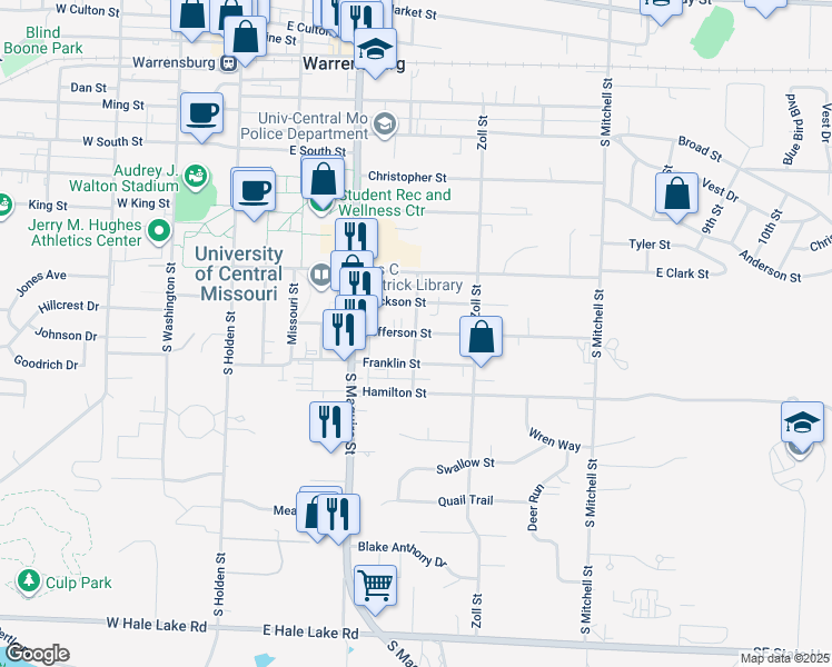 map of restaurants, bars, coffee shops, grocery stores, and more near 751 Cleburn Street in Warrensburg