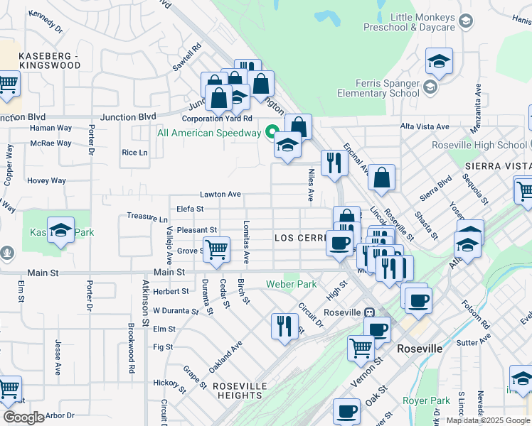 map of restaurants, bars, coffee shops, grocery stores, and more near 505 Elefa Street in Roseville