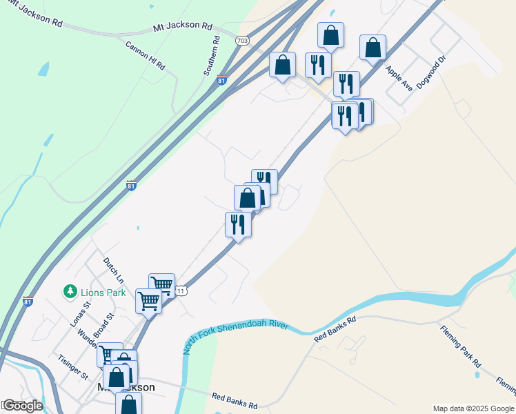 map of restaurants, bars, coffee shops, grocery stores, and more near 5534 Main Street in Mount Jackson