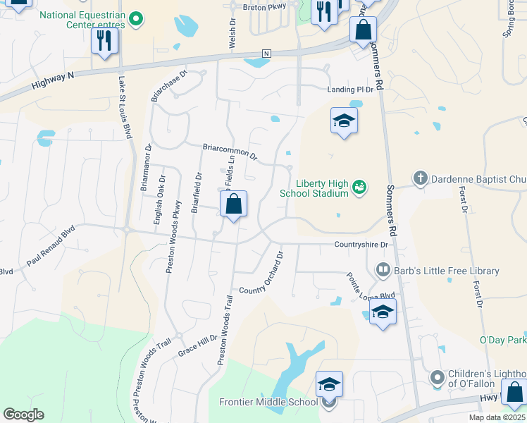 map of restaurants, bars, coffee shops, grocery stores, and more near 201 Countryshire Drive in O'Fallon