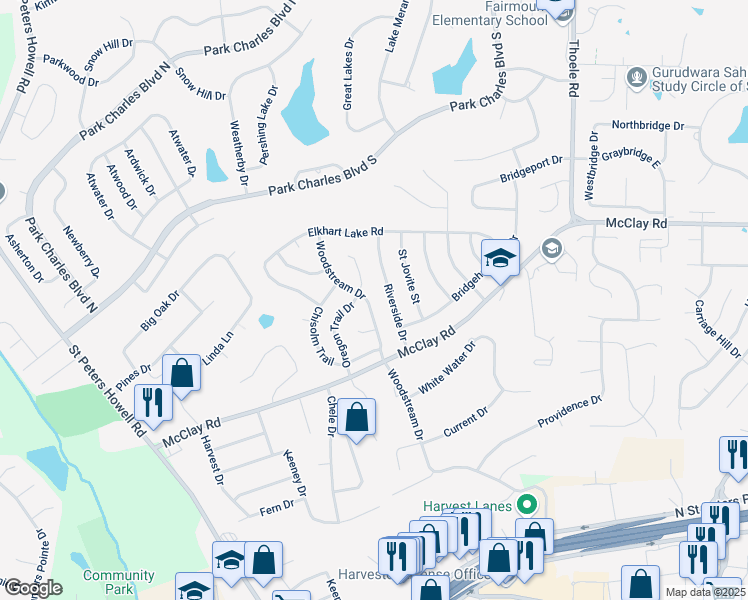 map of restaurants, bars, coffee shops, grocery stores, and more near 620 Woodstream Drive in Saint Charles