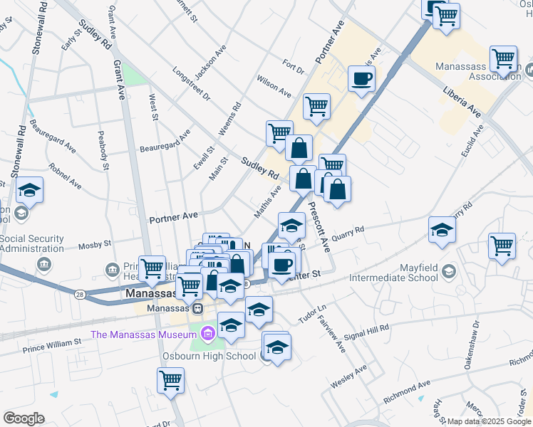 map of restaurants, bars, coffee shops, grocery stores, and more near 9209 Mathis Avenue in Manassas